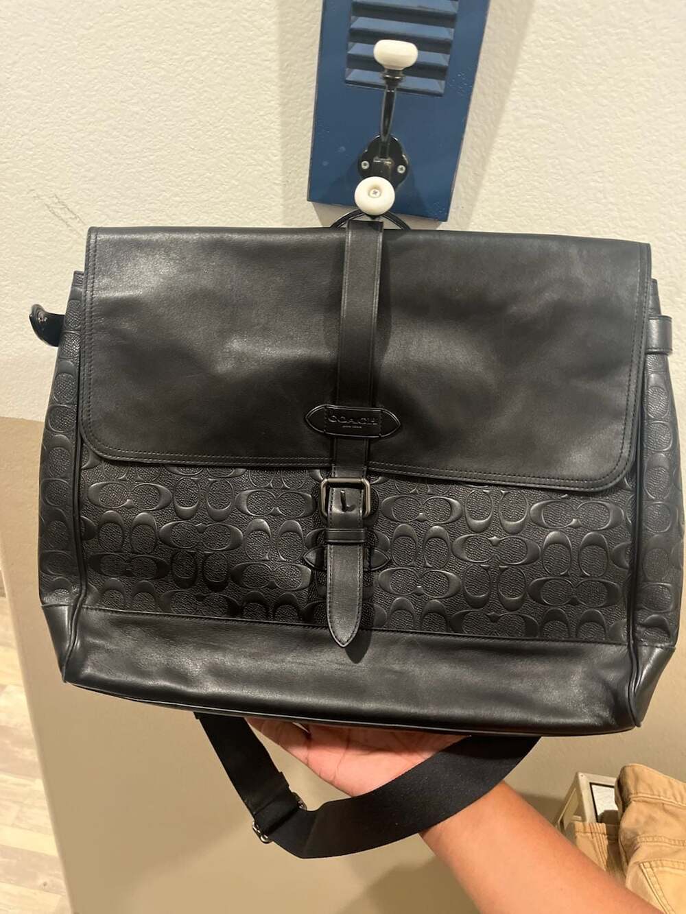 COACH Hudson Messenger Bag in Signature Embossed Leather Black F50052